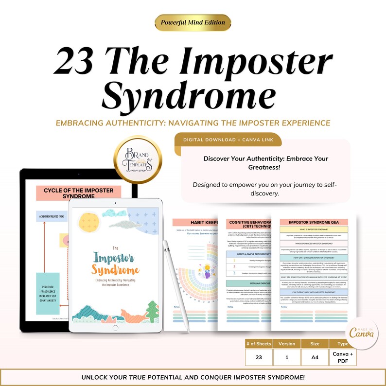 May include: A digital download of a 23-page guide titled "The Imposter Syndrome" with a pink, yellow, and green color scheme. The guide is designed to help people navigate the imposter experience and embrace their authenticity. The guide includes a cycle of the imposter syndrome, habit keeping, cognitive behavioral techniques, and imposter syndrome Q&A.