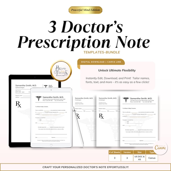3 Prescription Note Templates, Prescription Pad , Editable Medical Forms, Canva Template with PDF Ready-to-Print Format