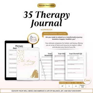 Mental Health Self-Reflection Workbook - 35 Page Therapy Journal Templates for Canva