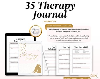 May include: A digital therapy journal workbook with the title "35 Therapy Journal" and the text "Workbook". The image includes a tablet, a journal, and several pages with prompts. The journal is designed to help with self-discovery and well-being.