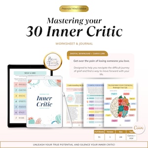 May include: A digital download worksheet and journal titled "Mastering Your 30 Inner Critic". The cover features a colorful illustration of a cactus and the text "Mastering Your Inner Critic". The worksheet and journal are designed to help you navigate the difficult journey of grief and find a way to move forward with your life.