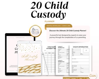 May include: A digital 20 Child Custody Planner with a gold and white design. The planner includes a tablet, sheets of paper, and a stylus. Text includes "Child Custody Planner" and "Discover the Ultimate 20 Child Custody Planner!"