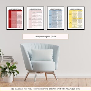 May include: Three framed charts with the title "The Codependency Cycle: Patterns and Recovery Behaviors". The charts are in red, pink, and blue. The text on the charts is in black. The charts are hanging on a white wall. A light blue armchair with a white pillow is in the foreground. The text "Compliment your space" is in a white rectangle below the charts. The text "YOU CAN BREAK FREE FROM CODEPENDENCY AND CREATE A LIFE THAT'S TRULY YOUR OWN." is at the bottom of the image.
