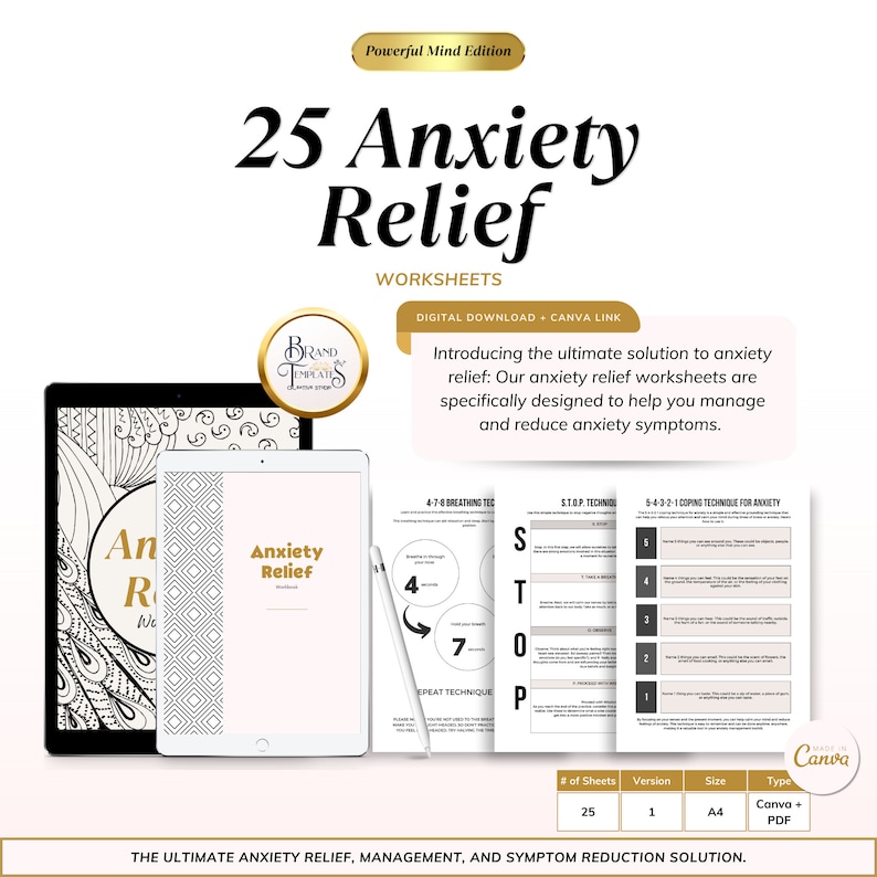 Anxiety Relief Worksheets: 25 Editable Canva Templates and - Etsy