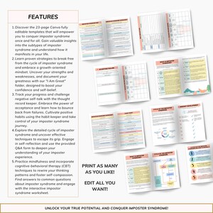 May include: A printable worksheet set designed to help conquer imposter syndrome. The set includes worksheets on accepting failure, imposter syndrome management, mindset development, and the cycle of imposter syndrome. The text "Print as many as you like! Edit all you want!" is printed on the page.