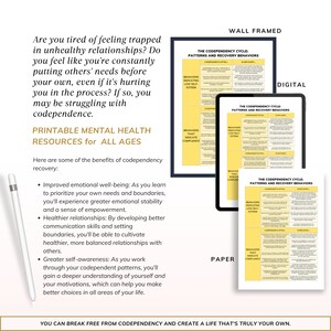 May include: Printable mental health resources for all ages, with a focus on codependency. The image shows three versions of the same printable: wall framed, digital, and paper. Each version features a chart with the title "The Codependency Cycle: Patterns and Recovery Behaviors".