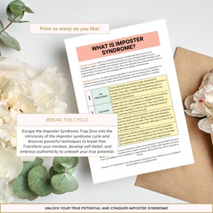 May include: A printable worksheet with a pink and green background, titled "What is Imposter Syndrome?" The worksheet explains the concept of imposter syndrome and describes different subtypes, including "The Perfectionist" and "The Expert". It also includes a section titled "Break the Cycle" with tips on how to overcome imposter syndrome.