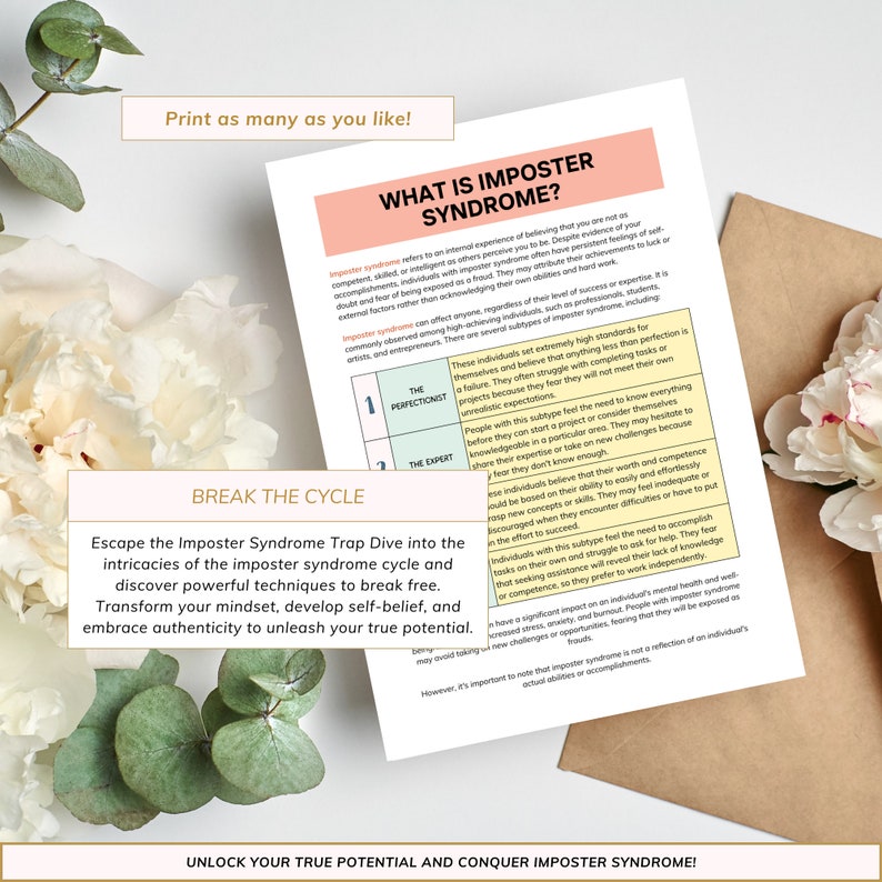 May include: A printable worksheet with a pink and green background, titled "What is Imposter Syndrome?" The worksheet explains the concept of imposter syndrome and describes different subtypes, including "The Perfectionist" and "The Expert". It also includes a section titled "Break the Cycle" with tips on how to overcome imposter syndrome.