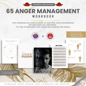65 Page Anger Management Workbook, Stress Management Worksheet, and Self Care Checklist - PDF and Fully Editable Canva Templates