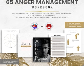 65-Page Anger Management Workbook, Stress Relief, Self-Care (PDF & Canva)