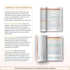 May include: A guide to understanding and overcoming imposter syndrome. The guide includes worksheets, cheat sheets, and Q&A sections to help you identify and challenge negative thoughts and feelings.  Unlock your true potential and conquer imposter syndrome!