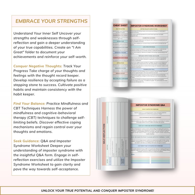 May include: A guide to understanding and overcoming imposter syndrome. The guide includes worksheets, cheat sheets, and Q&A sections to help you identify and challenge negative thoughts and feelings.  Unlock your true potential and conquer imposter syndrome!