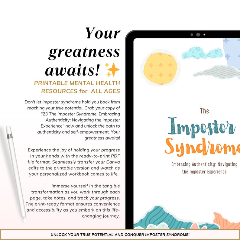 May include: A digital download for a printable workbook titled "The Imposter Syndrome: Embracing Authenticity: Navigating the Imposter Experience". The cover features a colorful abstract design with the title in bold, white text.