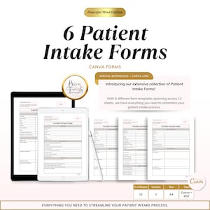 Puede incluir: Descarga digital de 6 formularios de admisión de pacientes. Los formularios se muestran en una tableta, un teléfono y hojas impresas. Los formularios están diseñados para agilizar el proceso de admisión de pacientes.