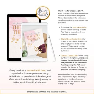 May include: A digital download of a guide to grief therapy with a pink and gold cover. The text on the cover reads "A Guide to Recovery: The Grief Therapy". The image also shows a tablet displaying the guide and a text box with information about the product.