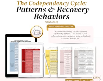 Puede incluir: Descarga digital imprimible de una guía sobre el ciclo de la codependencia: patrones y comportamientos de recuperación. La guía está dividida en cuatro secciones, cada una con un esquema de color diferente. La guía está diseñada para ayudar a las personas a comprender y superar la codependencia.