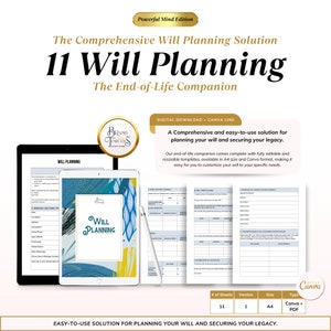 Könnte beinhalten: Eine digitale Nachlassplanungs-Lösung mit dem Text "11 Will Planning" und "The End-of-Life Companion". Das Bild zeigt ein Tablet, einen Notizblock und einen Stift mit dem Text "Digital Download + Canva Link".