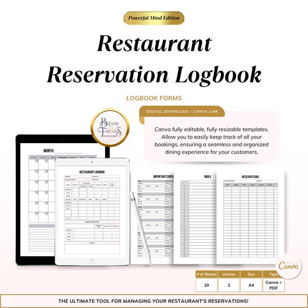 Restaurant Reservation and Managers Logbook Template and Printable PDF