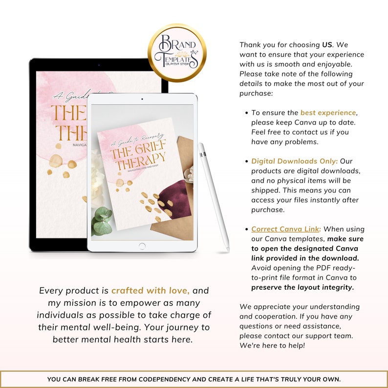 May include: A pink and white digital download for a grief therapy workbook. The cover features gold and white watercolor splatters. The text on the cover reads "A Guide to Recovery: The Grief Therapy Workbook with Daily Practices".