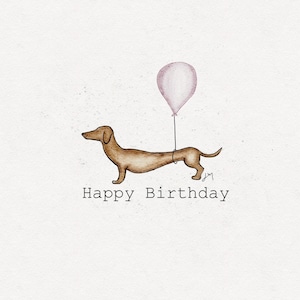Dackel Geburtstagskarte, Hund Geburtstagskarte, Dackel, Luftballon, Aquarell, Hunde Illustration, Freundlicher Gruß, flache Karte