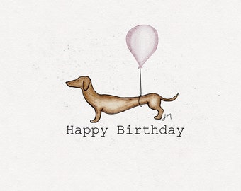 Dackel Geburtstagskarte, Dackel Geburtstagskarte, Dackel, Luftballon, Aquarell, Hund Illustration, Freundlicher Gruß