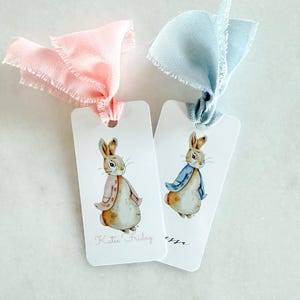 Tarjetas de lugar para baby shower en tonos azul y rubor, minimarcadores de acuarela, etiquetas de nombre personalizadas, inspiradas en Peter Rabbit, recuerdo de baby shower para niña o niño en el bosque.