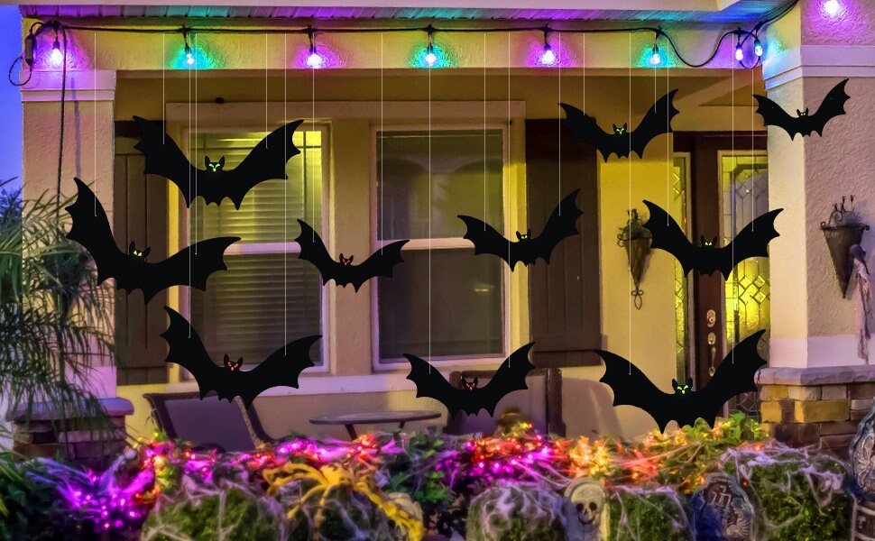 12er Pack Halloween-Fledermäuse Zum Aufhängen – Mit Glow-in-the-Dark Augen Für Gruselige Baum- & Gartendeko