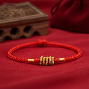 Può includere: Bracciale rosso intrecciato con dettagli dorati. Il bracciale presenta una serie di anelli dorati al centro e estremità avvolte in oro. Il bracciale è esposto su una superficie rossa.