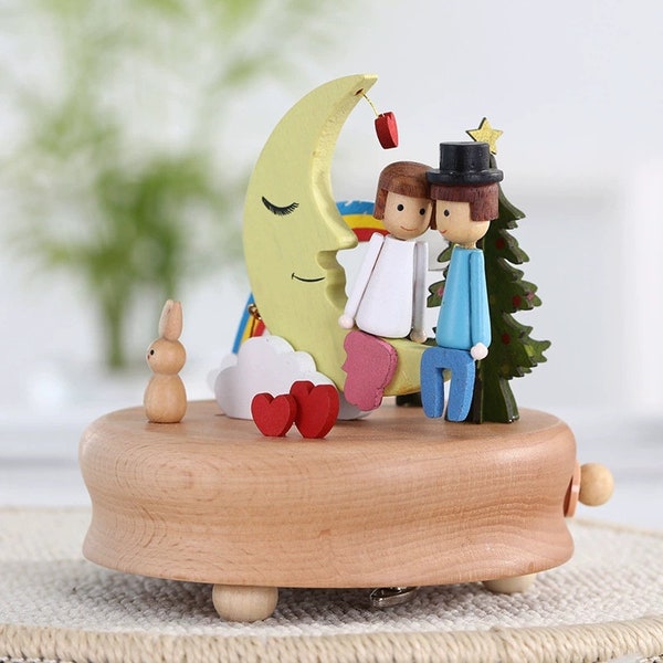 Creative wedding gift Valentine's Day Gift music box moon seesaw  a date under the moon beech Clockwork wooden crafts lovers gift decoration