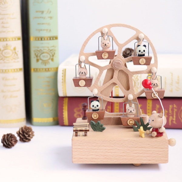 Cadeau de fête des pères boîte à musique d'anniversaire créative ours grande roue ciel ville horlogerie en bois artisanat enfants cadeau décoration de la maison copines