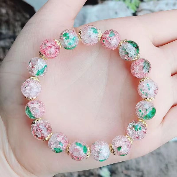 Pink Sweet Cherry Blossom Glazed Beaded Spring Limited Hand String Broken Flower Bracelet Jewelry Exquisite Gift