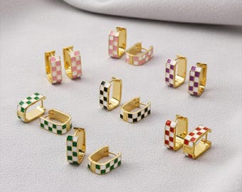 1 Paar 18K Gold Filled Zierliche Karierte Hoop Ohrringe Gold Huggie Ohrringe Hypoallergen Schmuck Geburtstag Geschenke für Sie