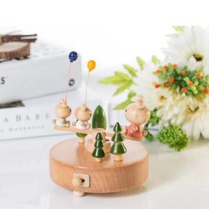 Creative Gift birthday present Music Box Bear Balloon Seesaw Sky City Beech Clockwork Music Box Wooden Crafts Children Gift  HomeDecoration