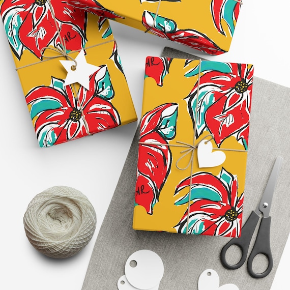 Settia - Poinsettia Gift Wrap, Holiday Art Gift Wrap, Seasonal Wrapping Paper,