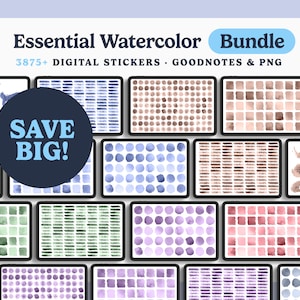May include: A digital sticker bundle featuring over 3875 watercolor stickers in a variety of colours and designs. The stickers are ideal for digital planners, note-taking apps, and more. The bundle includes circles, squares, stripes, and brushstrokes.