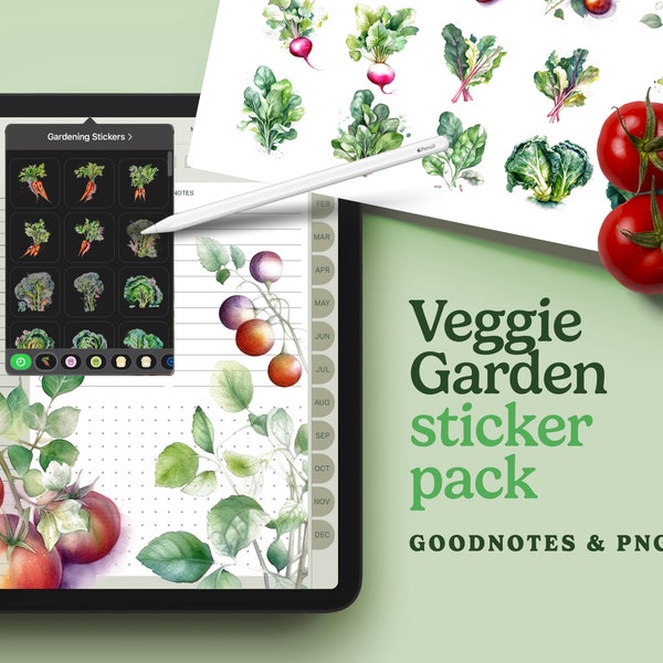 Digital Stickers | Garden Vegetables Artsy Cottagecore Sticker Pack for Digital Planners Goodnotes PNG | Botanical Watercolor iPad Stickers