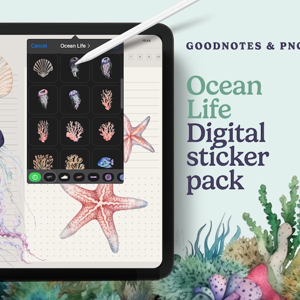 Artsy Ocean Life Sticker Pack for Digital Planning | For Goodnotes | Starfish Under The Sea Watercolor style for iPad and Digital Planners