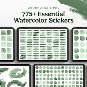 May include: A digital tablet screen displaying a collection of 775+ green watercolor stickers for Goodnotes and PNG. The stickers include various shapes, sizes, and designs, such as squares, circles, and brushstrokes. The text "GOODNOTES & PNG" and "775+ Essential Watercolor Stickers" is displayed at the top of the screen.