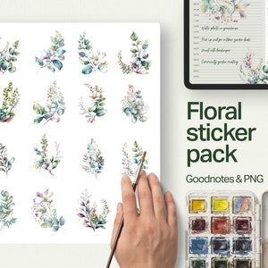 Floral Digital Sticker Pack for Goodnotes in Watercolor style for iPad and Digital Planners. PNG Stickers