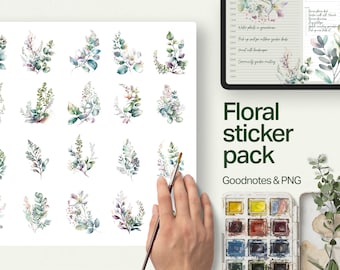 Floral Digital Sticker Pack for Goodnotes in Watercolor style for iPad and Digital Planners. PNG Stickers