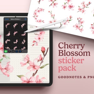 桜の Goodnotes ステッカー、iPad 用植物デジタル ステッカー、日本の PNG 春ステッカー パック、花の水彩画ステッカー
