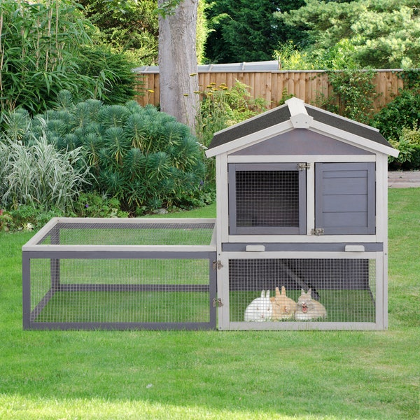 Hölzerner Hühnerstall oder Kaninchenkäfig - Innen- und Außenbereich. 2-Tier Kaninchenstall mit großem abnehmbaren Auslauf; Outdoor Bunny Cage Holz Haustier Haus
