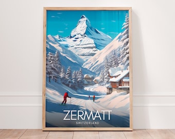 Impresión de Suiza, póster vintage de esquí suizo de ZERMATT, arte mural del monte Matterhorn