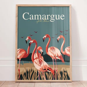 Póster de CAMARGUE, arte mural bohemio, estampado de flamenco, póster de viaje francés, arte mural minimalista, impresiones urbanas, regalo costero