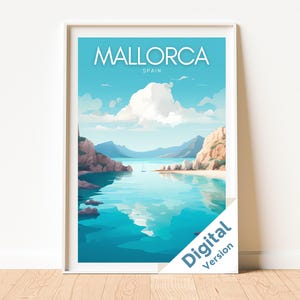 Mallorca Poster Spain, Mediterranean Island Art, Vintage Mallorca Print, Travel Wall Decor, Beach Gifts, Coastal Home Decor - Digital