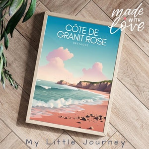 Pôster La Cote de GRANIT ROSE | Impressão artística da cidade da França, Bretanha | Arte de parede colorida, presente francês, pintura da Bretanha | Decoração costeira, casa de praia