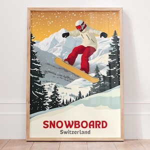 Vintage Snowboard Switzerland Poster, Retro Ski Resort Wall Art, Winter Sports Print, Alpine Mountain Decor, Cool Gift for Snowboard Lovers