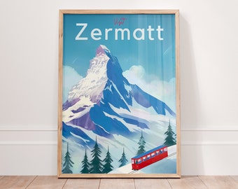 Impresión de Suiza, póster vintage de esquí suizo de ZERMATT, arte mural del monte Matterhorn