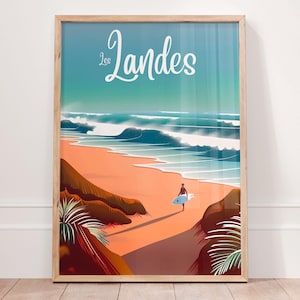 Póster de Les Landes, póster de surf, póster de viaje de surf de Hossegor, Francia, arte mural de surf, póster francés, arte mural playero