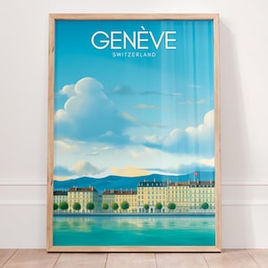 Póster de paisaje urbano de Ginebra, impresión del lago de Ginebra, obra de arte de viajes suizos, arte mural de Suiza, decoración del lago, arte del horizonte de Ginebra, póster de los Alpes suizos